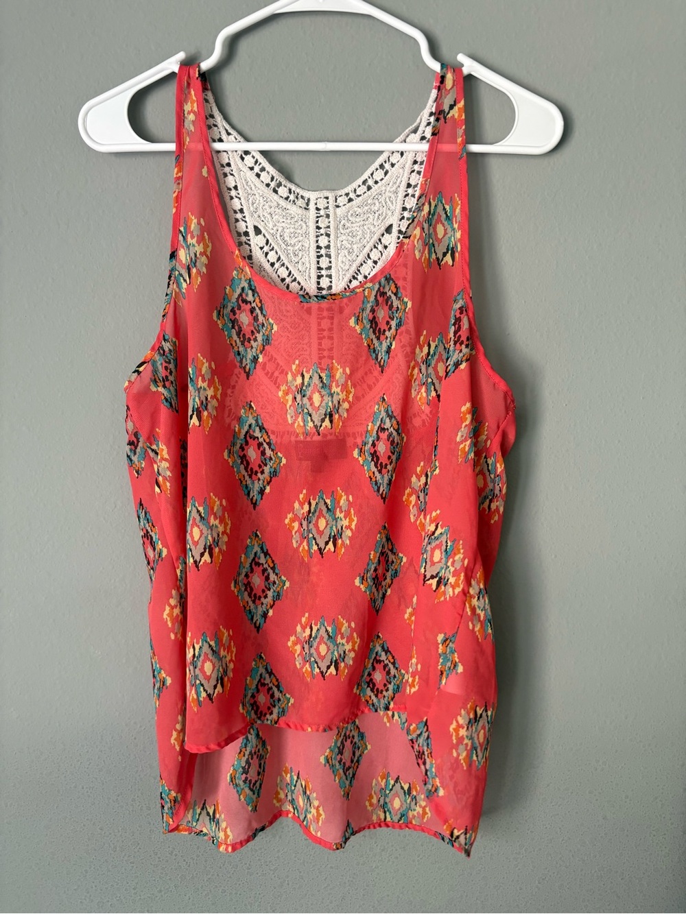 ANNABELLE USA Coral Aztec Tank - Size L - Sheer Boho Crochet Racerback